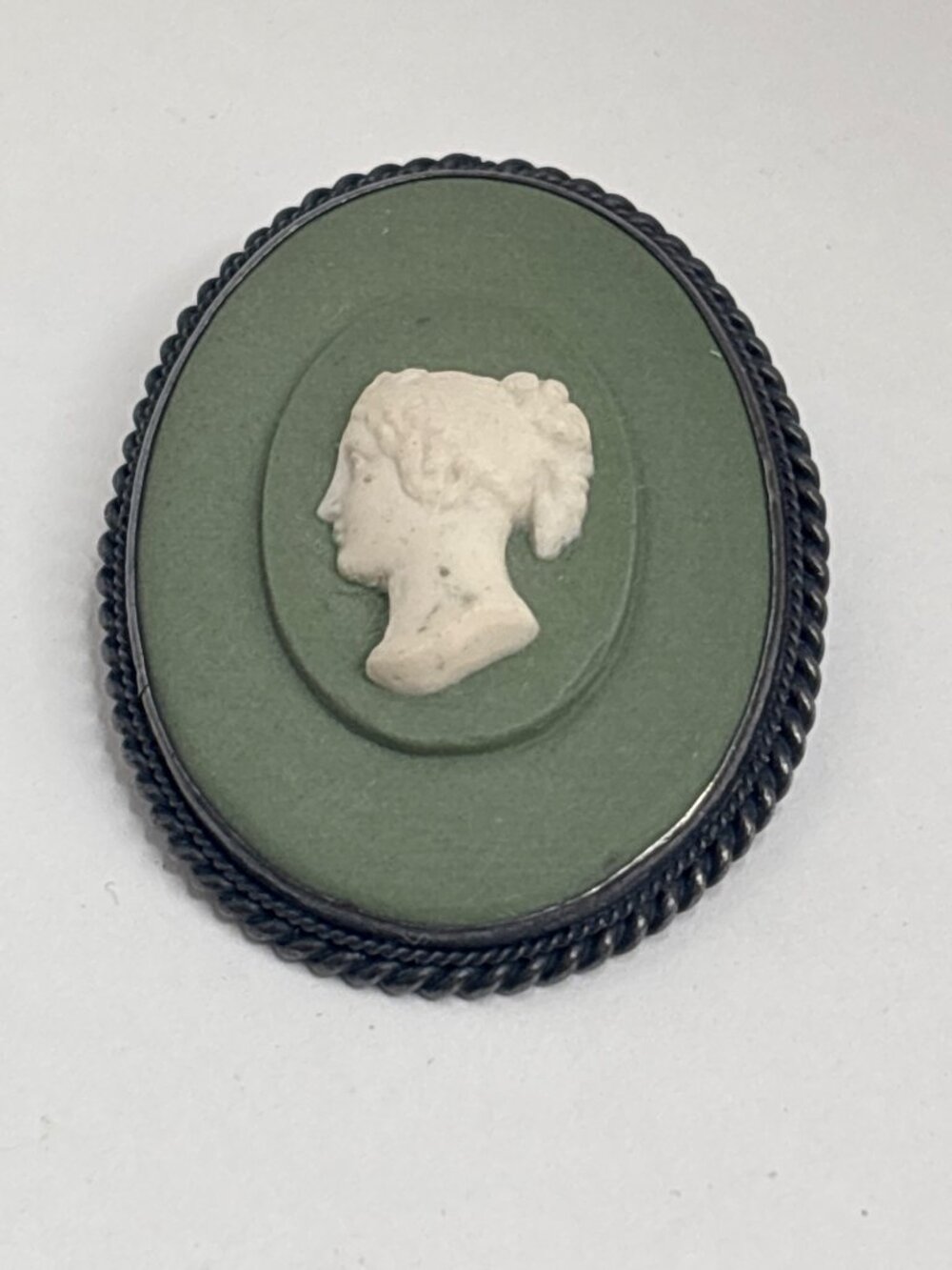 Vintage Sterling Silver Oval Green Cameo Brooch House of Schrager | 1.5x1"